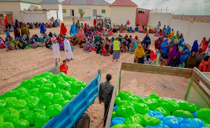 Trucks loaded with green food packages arrive for families gathered at a HARO distribution in Garowe, 2025