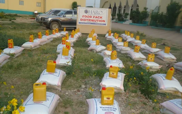 Food packs of grain and cooking oil arranged in rows at the HARO distribution in Hargeisa, 2013