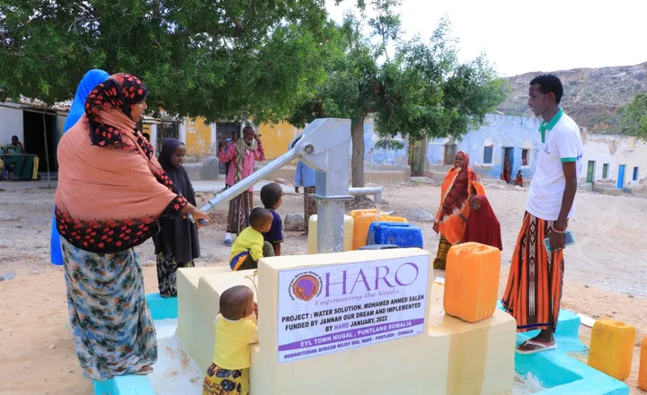 A woman works the hand pump of a HARO water solution in Eyl town while children fill jerry cans